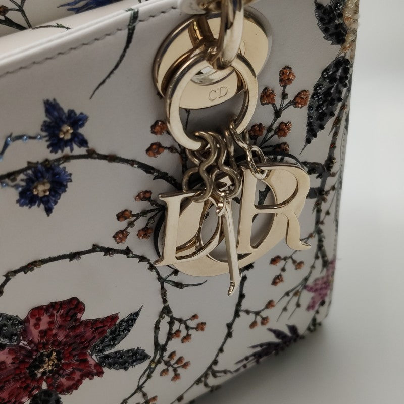 Christian Dior Lady Dior Medium Floral-Beaded White Calfskin Leather Gold Hardware