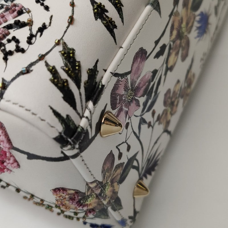 Christian Dior Lady Dior Medium Floral-Beaded White Calfskin Leather Gold Hardware