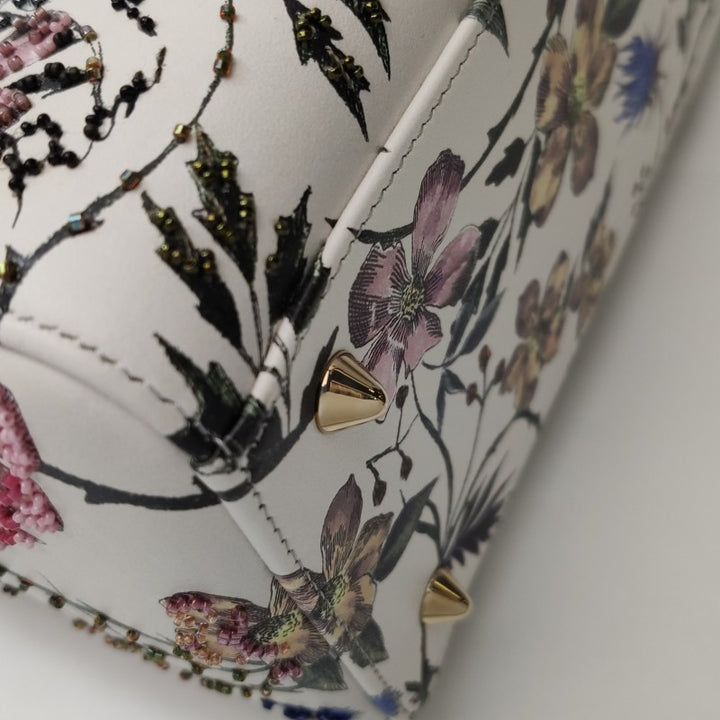 Christian Dior Lady Dior Medium Floral-Beaded White Calfskin Leather Gold Hardware