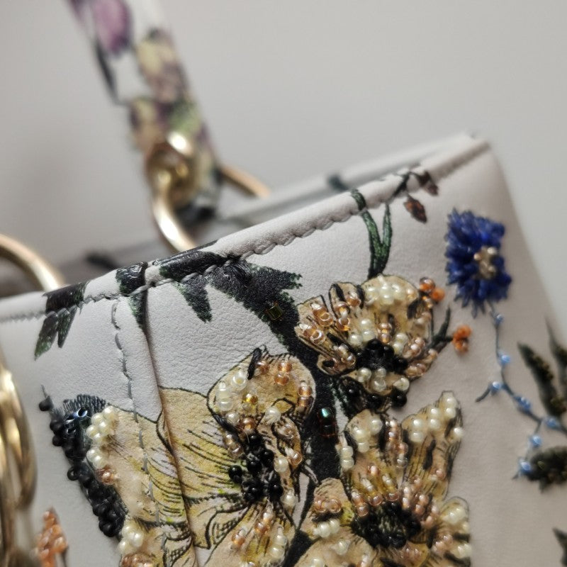 Christian Dior Lady Dior Medium Floral-Beaded White Calfskin Leather Gold Hardware