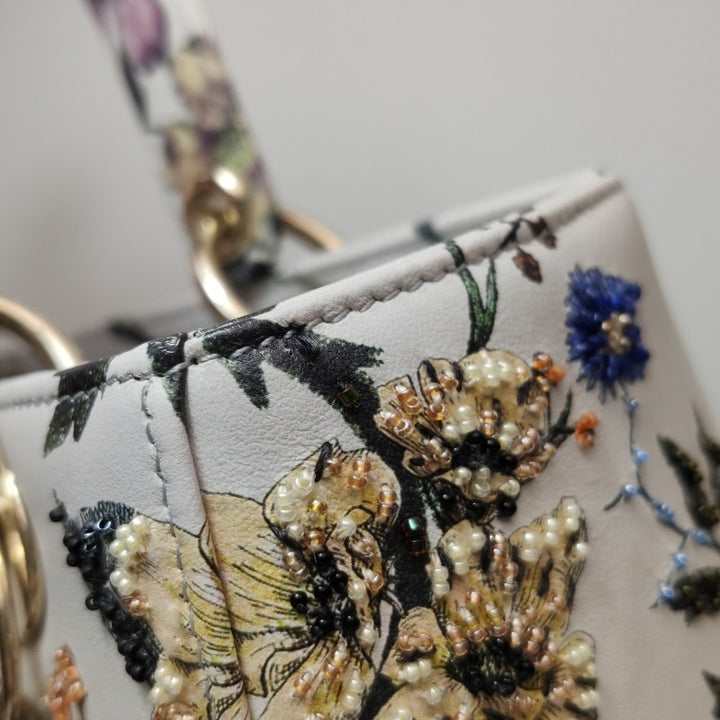 Christian Dior Lady Dior Medium Floral-Beaded White Calfskin Leather Gold Hardware