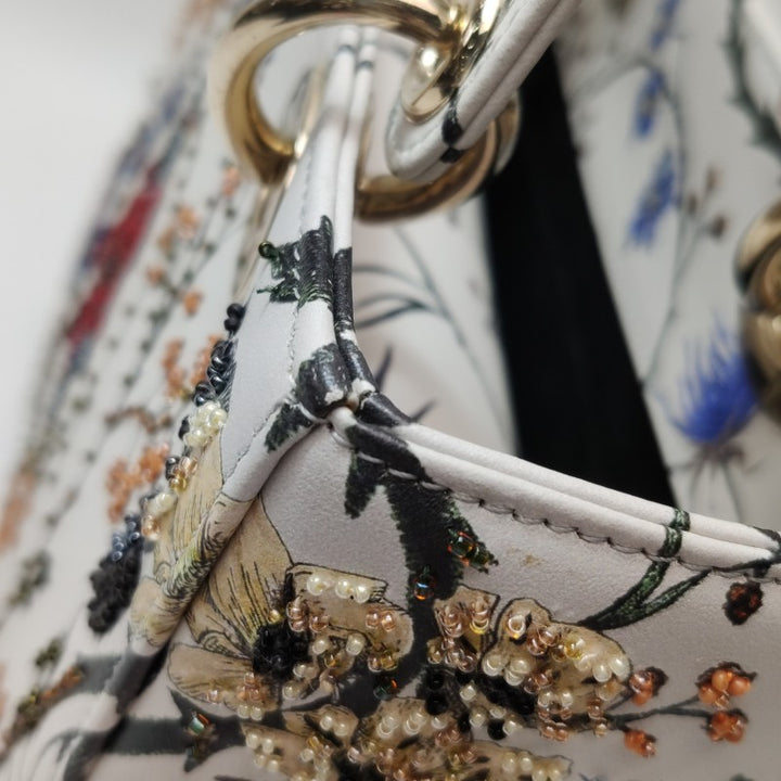 Christian Dior Lady Dior Medium Floral-Beaded White Calfskin Leather Gold Hardware