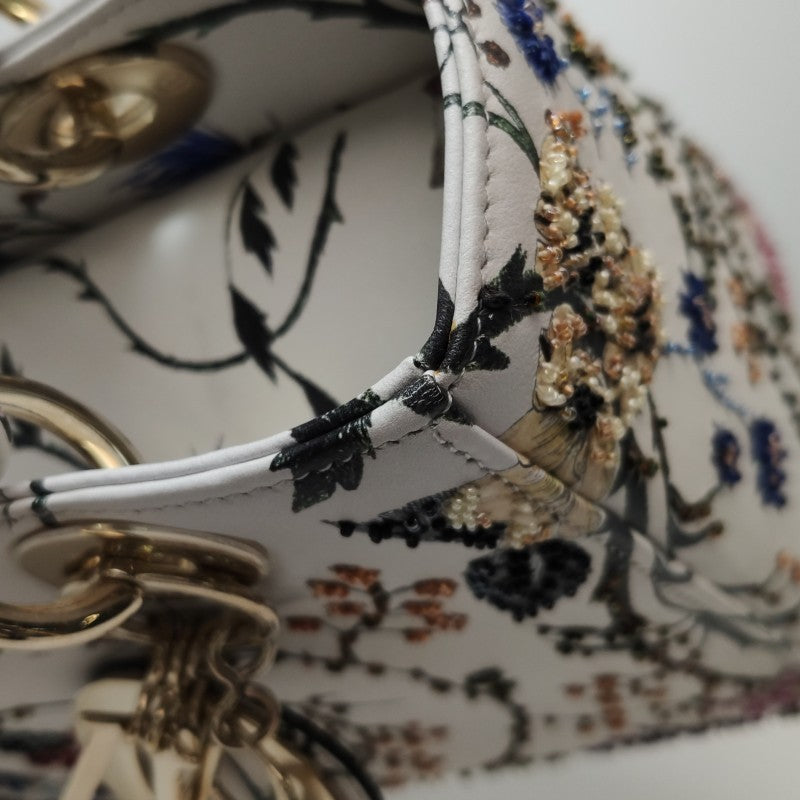Christian Dior Lady Dior Medium Floral-Beaded White Calfskin Leather Gold Hardware