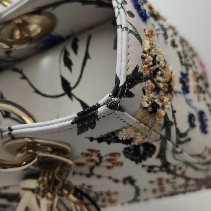 Christian Dior Lady Dior Medium Floral-Beaded White Calfskin Leather Gold Hardware