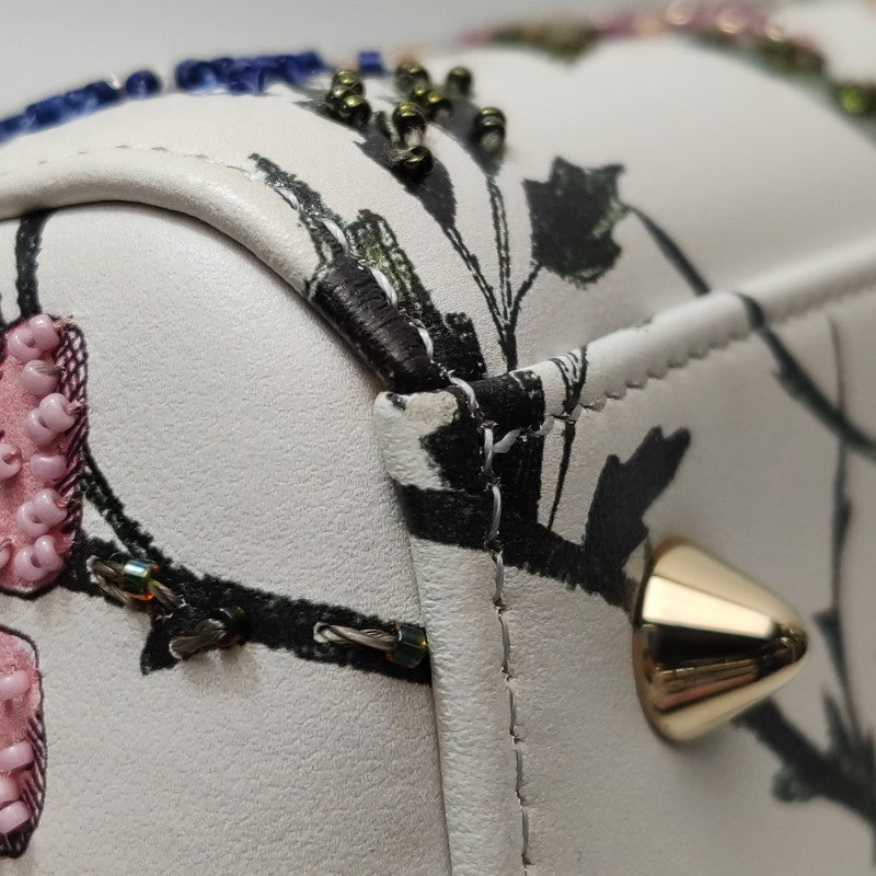 Christian Dior Lady Dior Medium Floral-Beaded White Calfskin Leather Gold Hardware