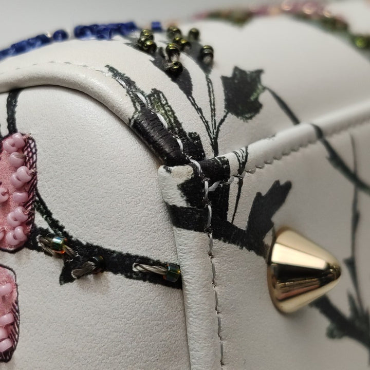 Christian Dior Lady Dior Medium Floral-Beaded White Calfskin Leather Gold Hardware