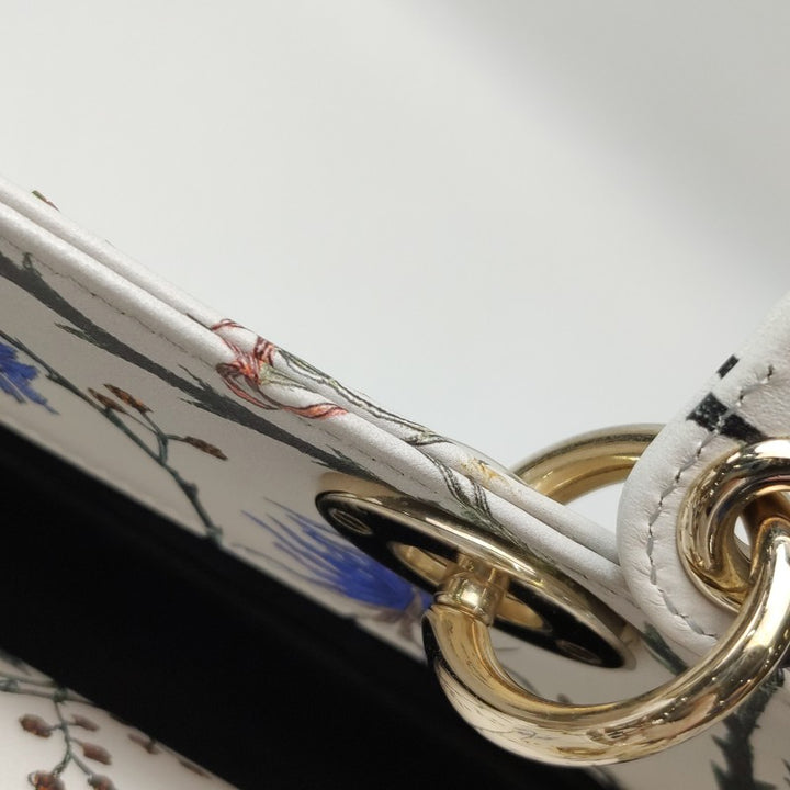 Christian Dior Lady Dior Medium Floral-Beaded White Calfskin Leather Gold Hardware
