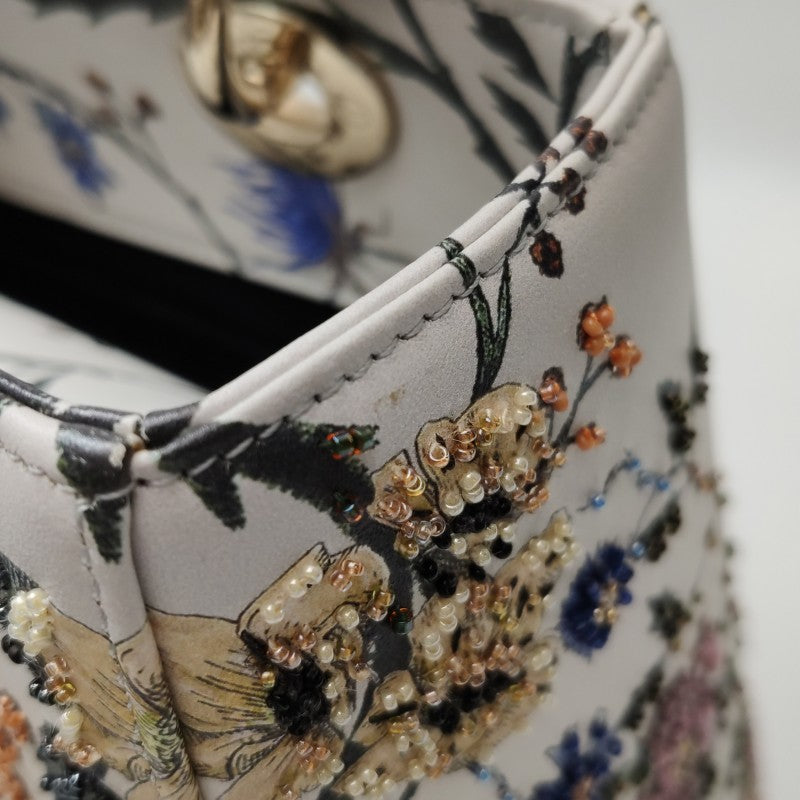 Christian Dior Lady Dior Medium Floral-Beaded White Calfskin Leather Gold Hardware