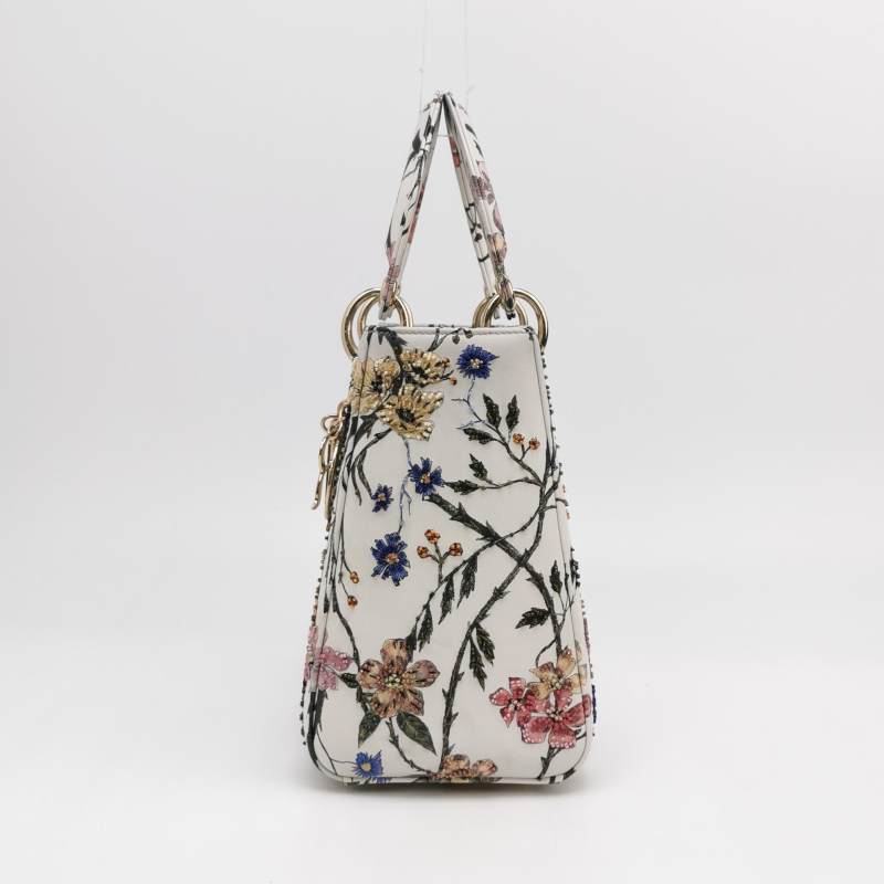 Christian Dior Lady Dior Medium Floral-Beaded White Calfskin Leather Gold Hardware