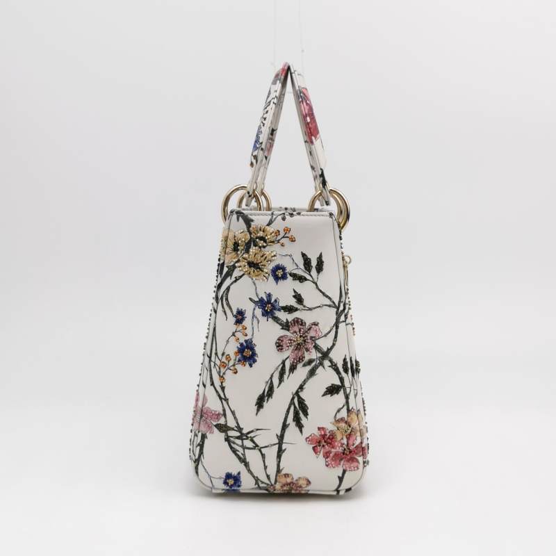 Christian Dior Lady Dior Medium Floral-Beaded White Calfskin Leather Gold Hardware