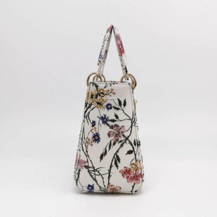 Christian Dior Lady Dior Medium Floral-Beaded White Calfskin Leather Gold Hardware