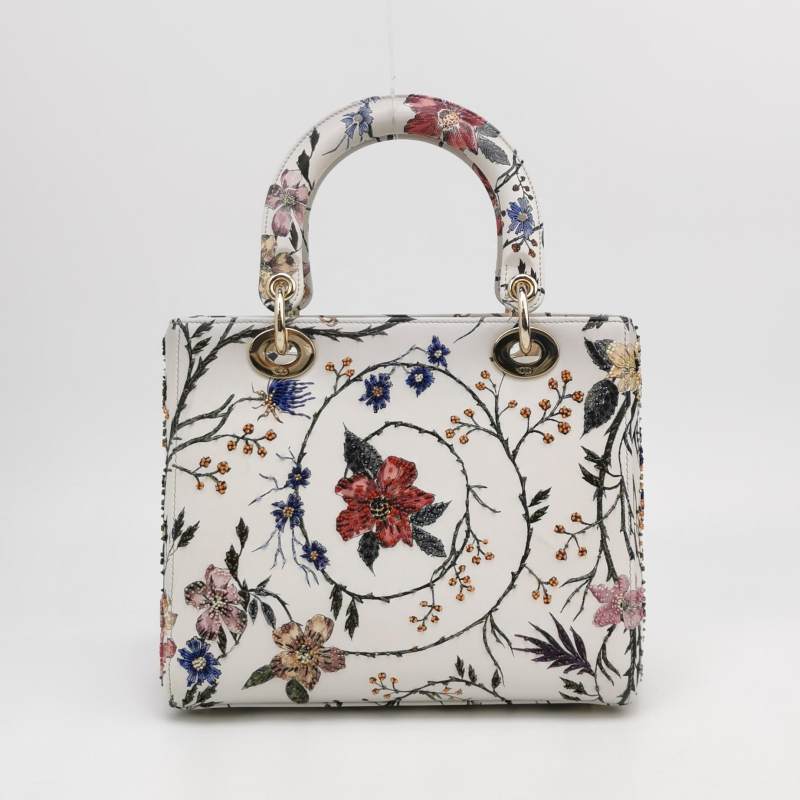 Christian Dior Lady Dior Medium Floral-Beaded White Calfskin Leather Gold Hardware