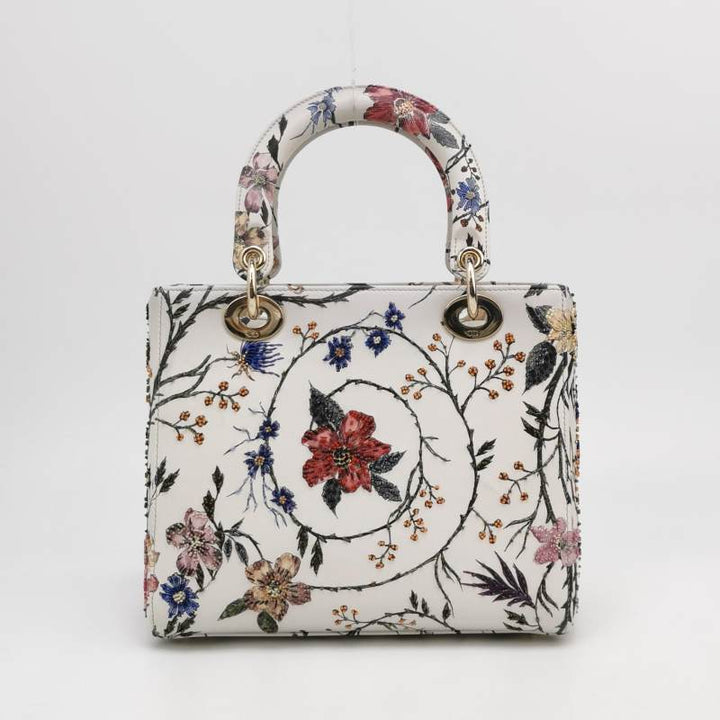 Christian Dior Lady Dior Medium Floral-Beaded White Calfskin Leather Gold Hardware