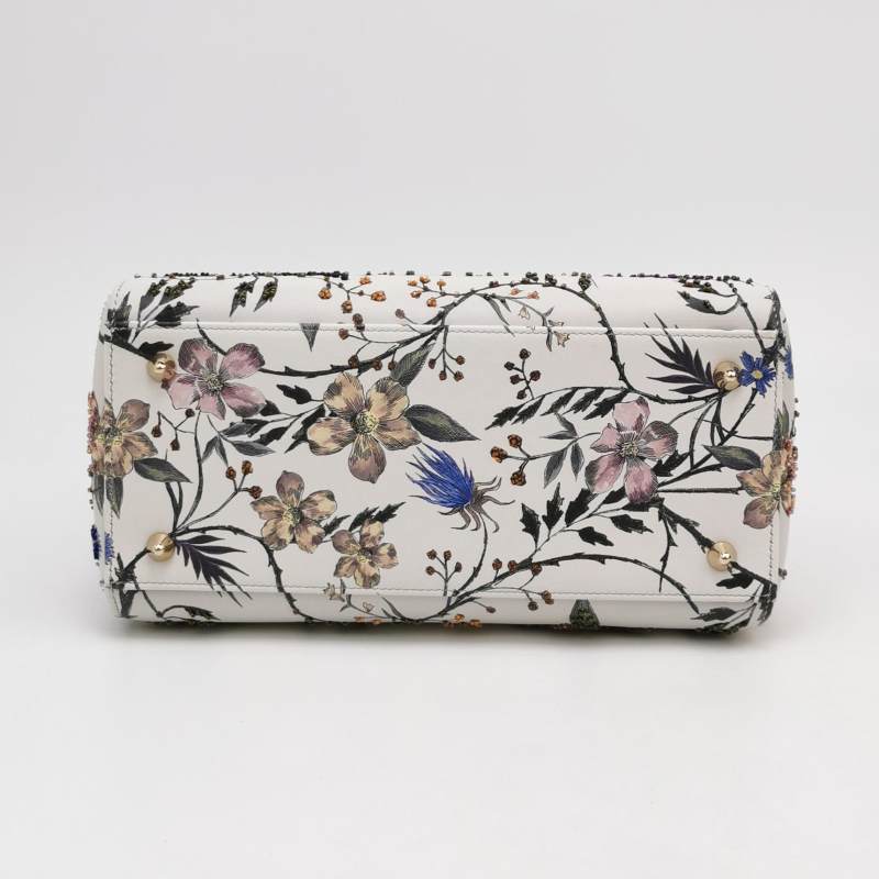 Christian Dior Lady Dior Medium Floral-Beaded White Calfskin Leather Gold Hardware