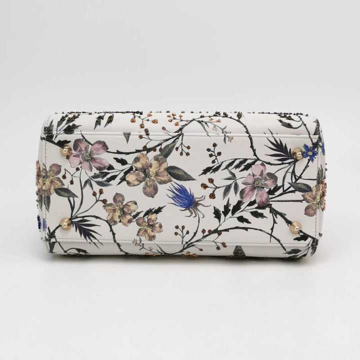 Christian Dior Lady Dior Medium Floral-Beaded White Calfskin Leather Gold Hardware