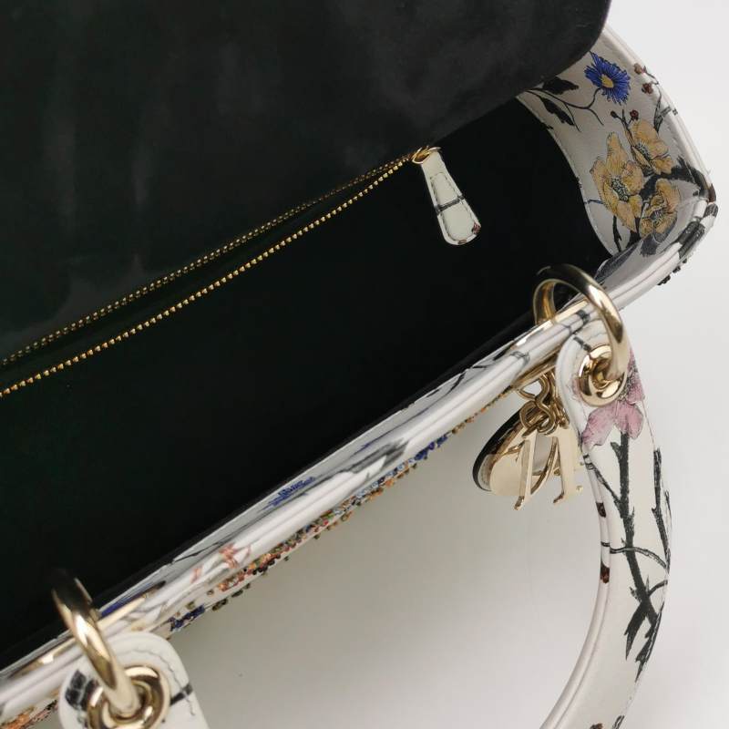 Christian Dior Lady Dior Medium Floral-Beaded White Calfskin Leather Gold Hardware