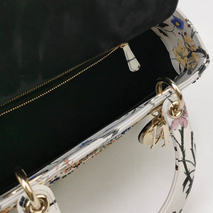 Christian Dior Lady Dior Medium Floral-Beaded White Calfskin Leather Gold Hardware