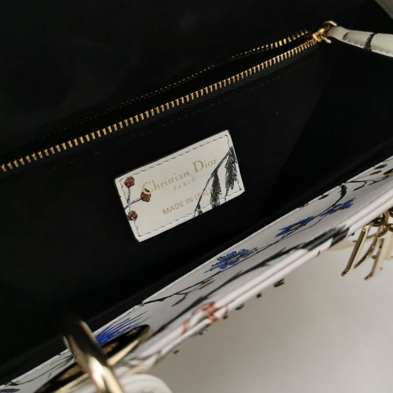 Christian Dior Lady Dior Medium Floral-Beaded White Calfskin Leather Gold Hardware