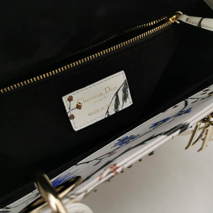Christian Dior Lady Dior Medium Floral-Beaded White Calfskin Leather Gold Hardware