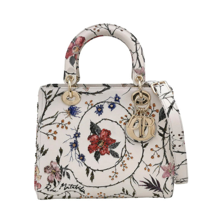 Christian Dior Lady Dior Medium Floral-Beaded White Calfskin Leather Gold Hardware