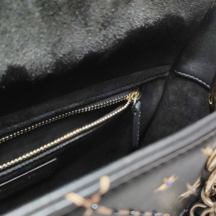Christian Dior Lady Dior Medium Nature Ballet Star Embroidery Handbag Black Calfskin Gold Hardware