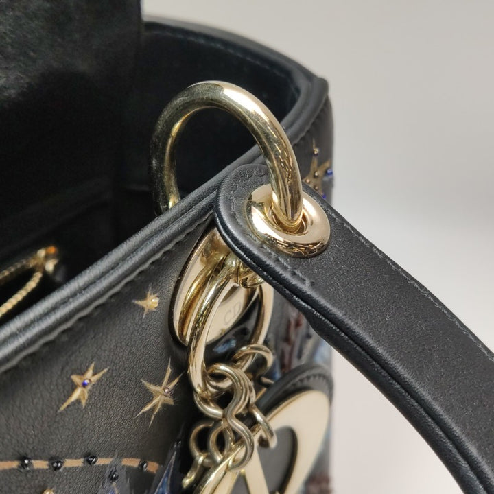 Christian Dior Lady Dior Medium Nature Ballet Star Embroidery Handbag Black Calfskin Gold Hardware