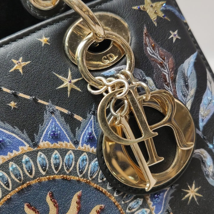 Christian Dior Lady Dior Medium Nature Ballet Star Embroidery Handbag Black Calfskin Gold Hardware