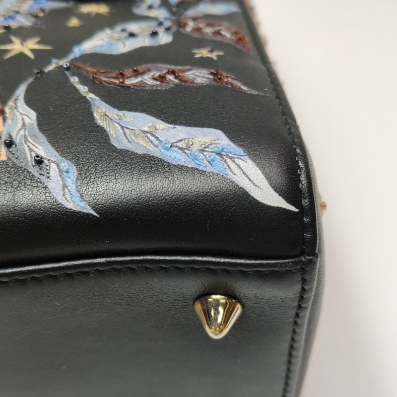 Christian Dior Lady Dior Medium Nature Ballet Star Embroidery Handbag Black Calfskin Gold Hardware