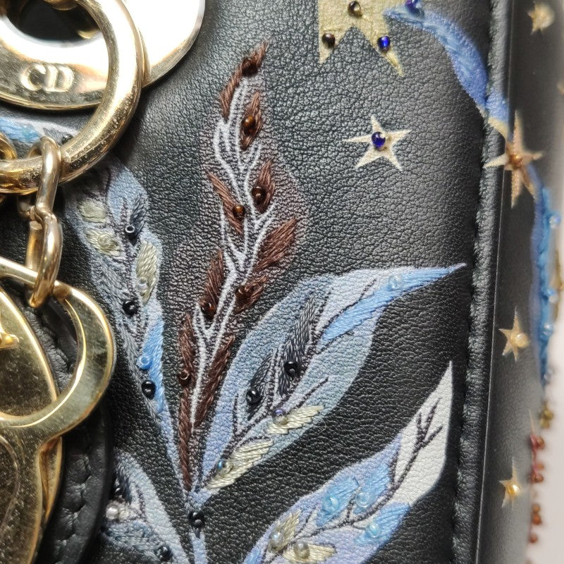 Christian Dior Lady Dior Medium Nature Ballet Star Embroidery Handbag Black Calfskin Gold Hardware