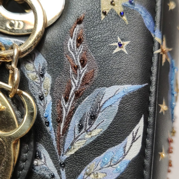 Christian Dior Lady Dior Medium Nature Ballet Star Embroidery Handbag Black Calfskin Gold Hardware