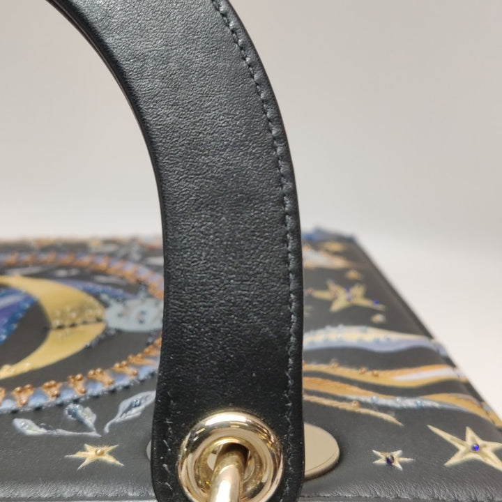 Christian Dior Lady Dior Medium Nature Ballet Star Embroidery Handbag Black Calfskin Gold Hardware