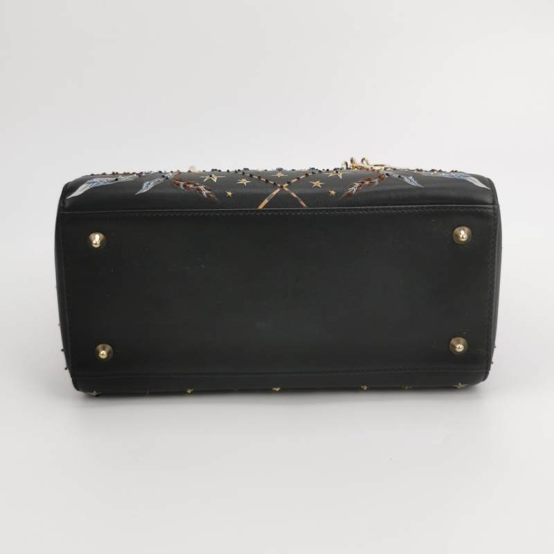 Christian Dior Lady Dior Medium Nature Ballet Star Embroidery Handbag Black Calfskin Gold Hardware