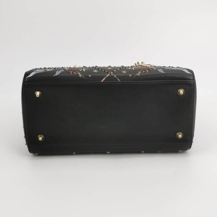 Christian Dior Lady Dior Medium Nature Ballet Star Embroidery Handbag Black Calfskin Gold Hardware