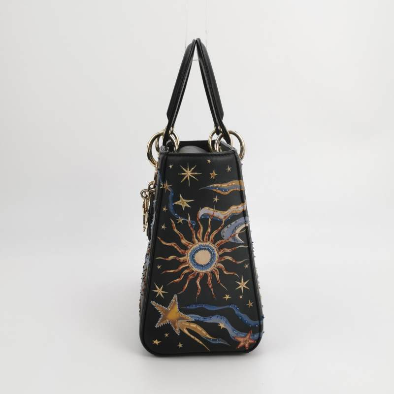 Christian Dior Lady Dior Medium Nature Ballet Star Embroidery Handbag Black Calfskin Gold Hardware