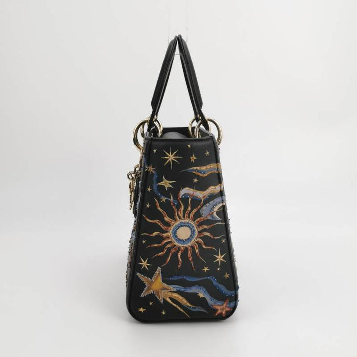 Christian Dior Lady Dior Medium Nature Ballet Star Embroidery Handbag Black Calfskin Gold Hardware