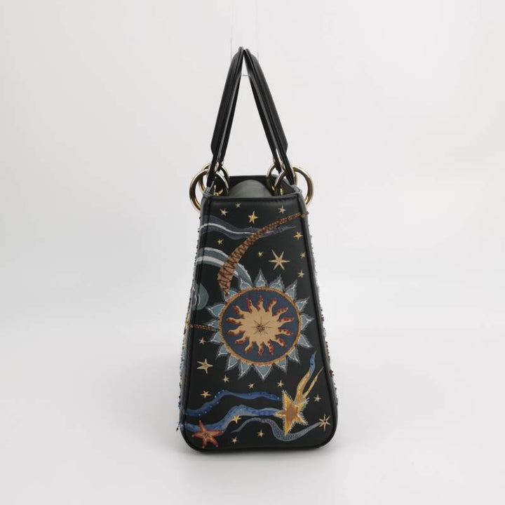 Christian Dior Lady Dior Medium Nature Ballet Star Embroidery Handbag Black Calfskin Gold Hardware