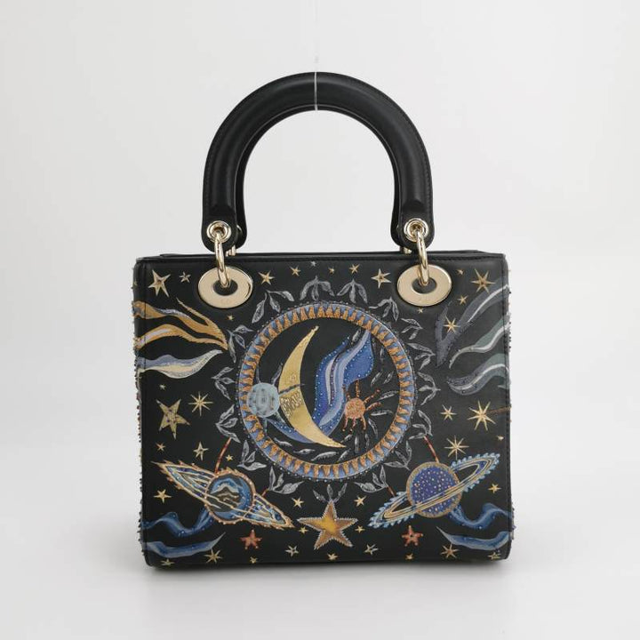 Christian Dior Lady Dior Medium Nature Ballet Star Embroidery Handbag Black Calfskin Gold Hardware