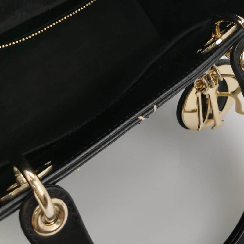 Christian Dior Lady Dior Medium Nature Ballet Star Embroidery Handbag Black Calfskin Gold Hardware