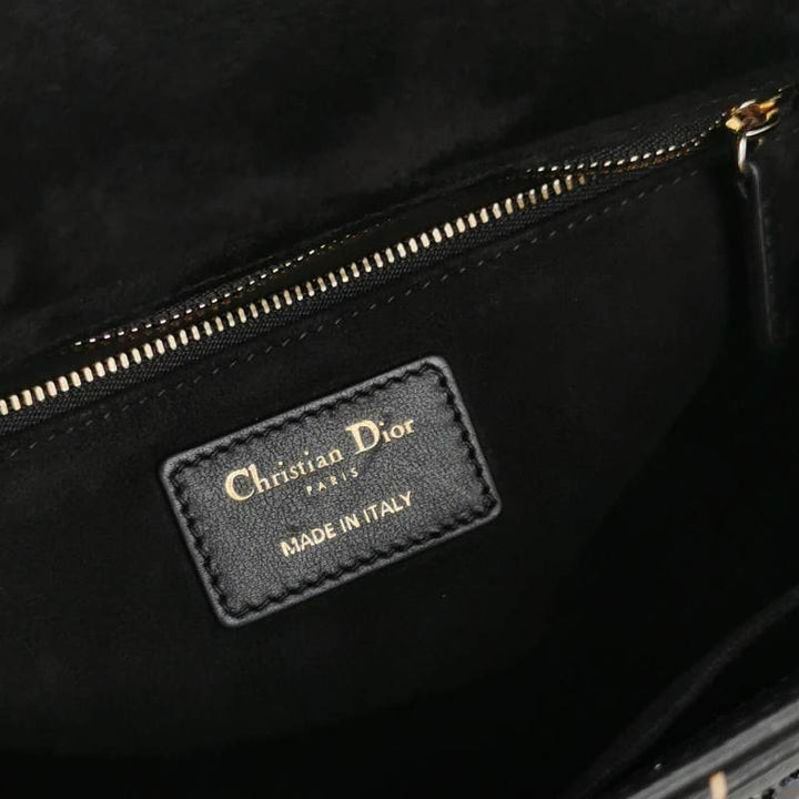 Christian Dior Lady Dior Medium Nature Ballet Star Embroidery Handbag Black Calfskin Gold Hardware