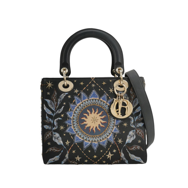 Christian Dior Lady Dior Medium Nature Ballet Star Embroidery Handbag Black Calfskin Gold Hardware