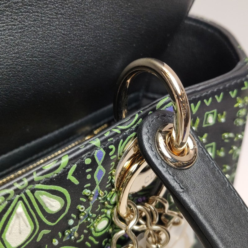 Christian Dior Medium Lady Dior Elephant Embellished Beaded Black Leather Handbag Gold Hardware