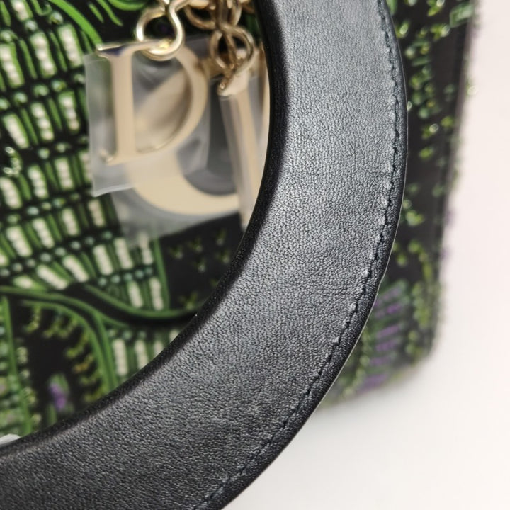 Christian Dior Medium Lady Dior Elephant Embellished Beaded Black Leather Handbag Gold Hardware