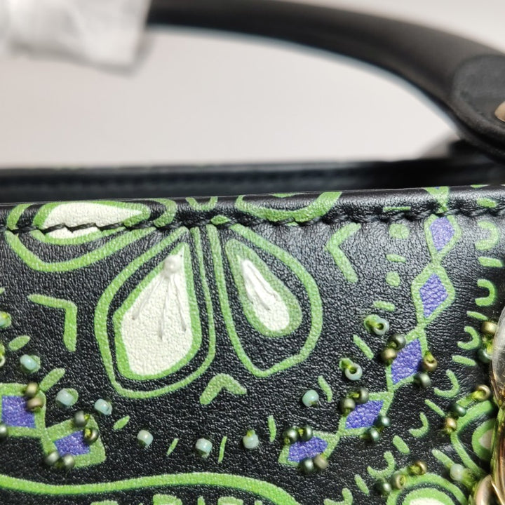 Christian Dior Medium Lady Dior Elephant Embellished Beaded Black Leather Handbag Gold Hardware