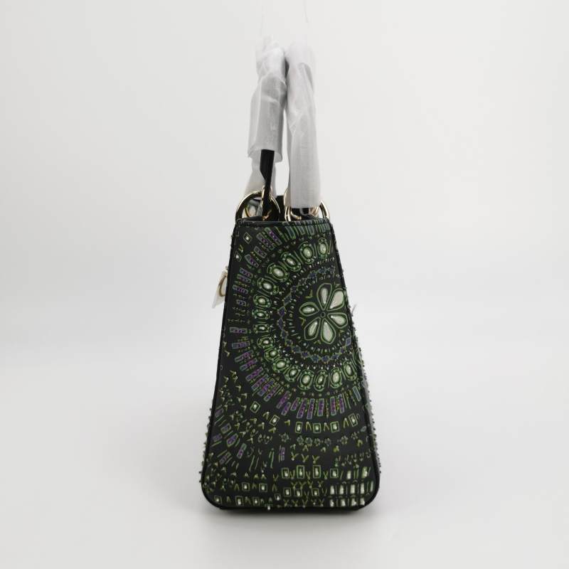 Christian Dior Medium Lady Dior Elephant Embellished Beaded Black Leather Handbag Gold Hardware