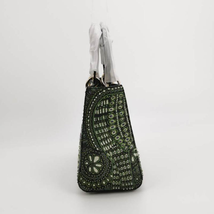 Christian Dior Medium Lady Dior Elephant Embellished Beaded Black Leather Handbag Gold Hardware