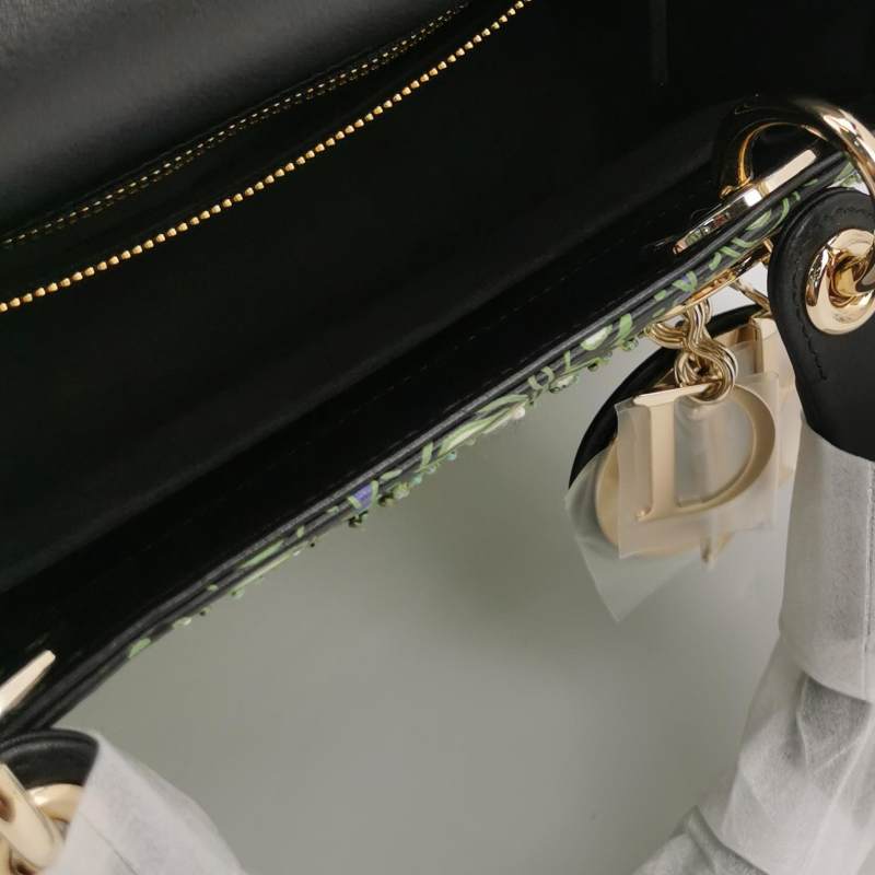 Christian Dior Medium Lady Dior Elephant Embellished Beaded Black Leather Handbag Gold Hardware