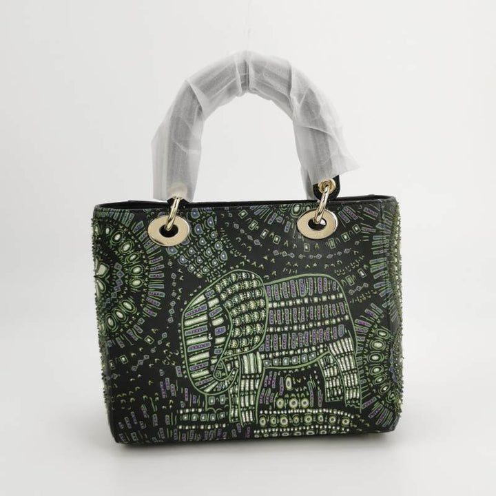 Christian Dior Medium Lady Dior Elephant Embellished Beaded Black Leather Handbag Gold Hardware