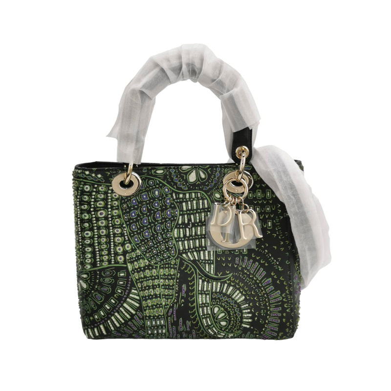 Christian Dior Medium Lady Dior Elephant Embellished Beaded Black Leather Handbag Gold Hardware