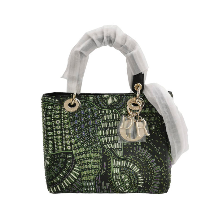 Christian Dior Medium Lady Dior Elephant Embellished Beaded Black Leather Handbag Gold Hardware