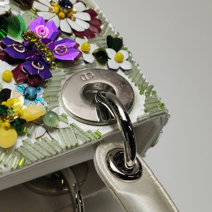 Christian Dior Floral-Sequined Mini Lady Dior Bag Off-White Satin Leather Silver Hardware